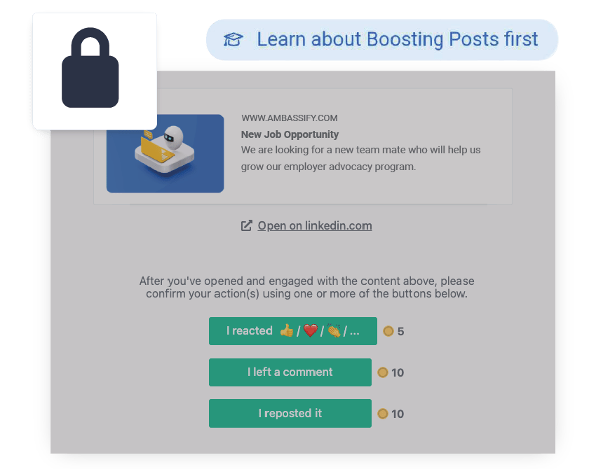 Ambassify Skills Boosting Posts lesson appearing before an employee's first campaign