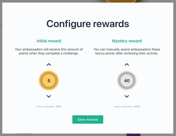 Ambassify interface to configure gamification points earned per social share that an employee does