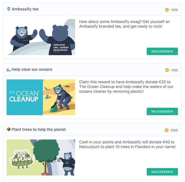 Ambassify interface to offer rewards for points in the platform